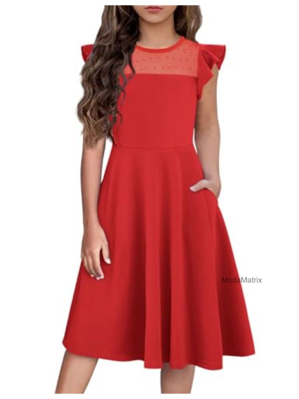 Girls Formal Party Wedding Dress Ruffle Sleeve A-Line Mesh with Pockets - Picture 1 of 6
